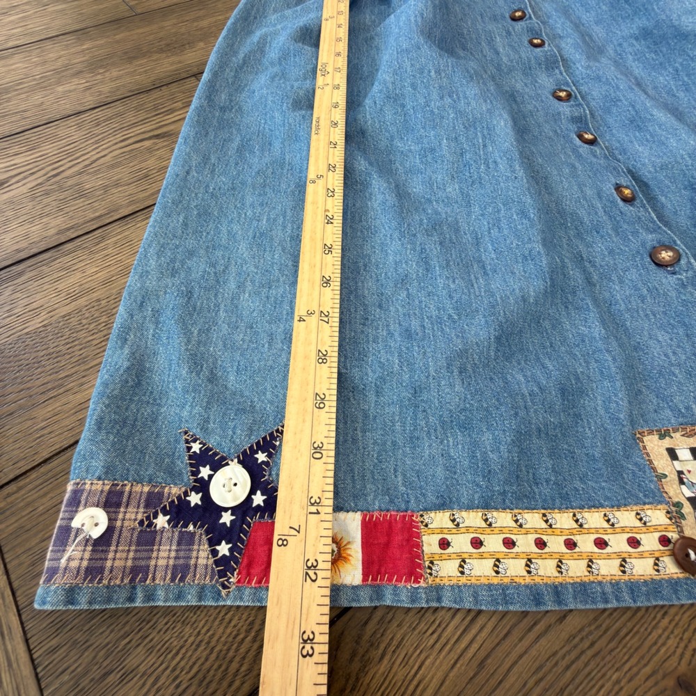 Vintage Patchwork Denim Midi Skirt Button Front Americana Folk Art Made in USA - Picture 14 of 16